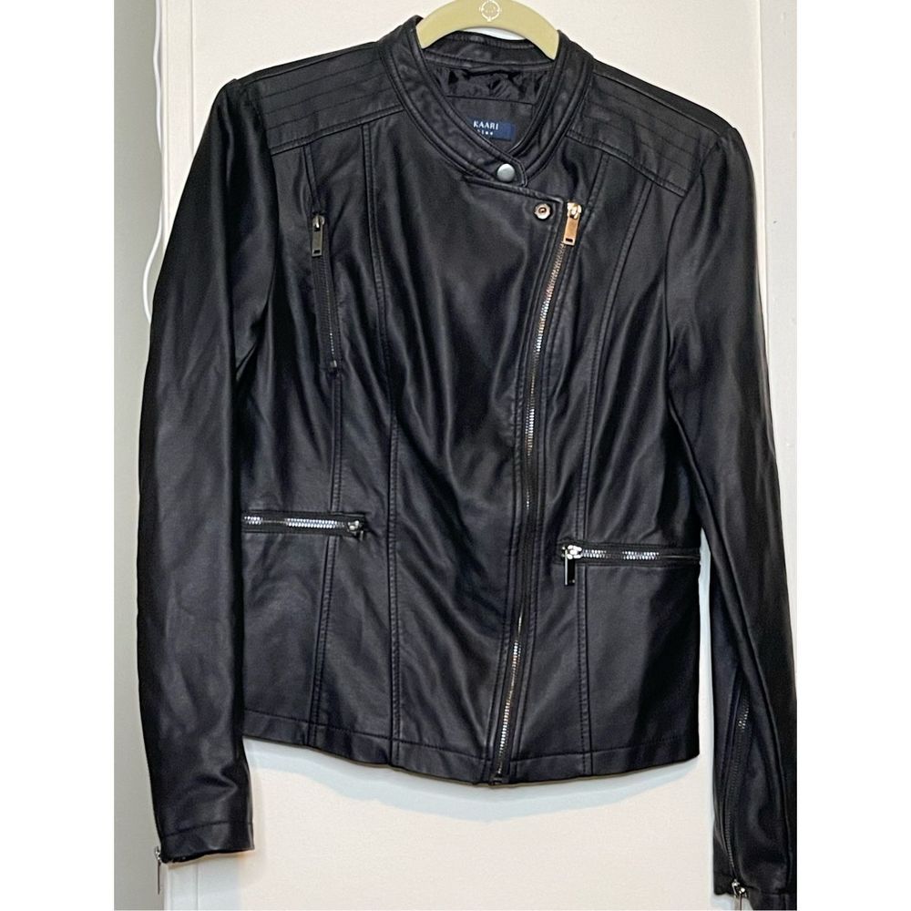 Kaari Blue faux Leather Moto jacket size Medium EUC